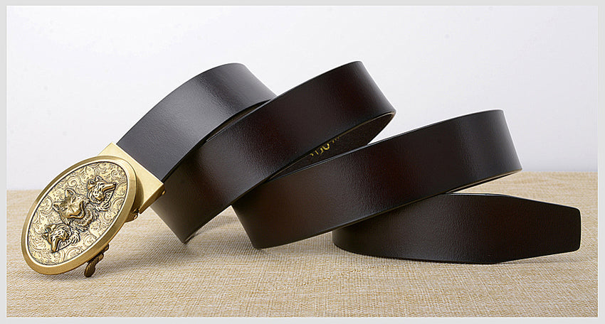 Automatic buckle cowhide leather belt with wolf design, stylish and comfortable for men and women, perfect for themed events.