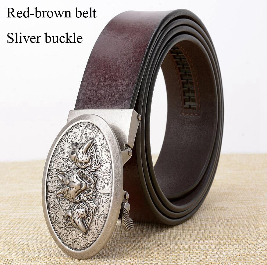Stylish red-brown cowhide leather belt with a silver decorative buckle, perfect for casual or themed outfits.