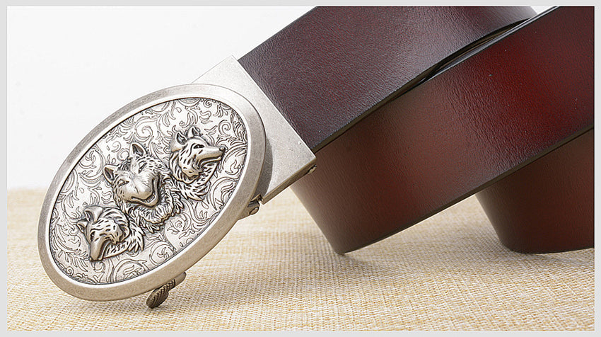 Automatic buckle cowhide leather belt with wolf design buckle, perfect for stylish outfits and themed events.