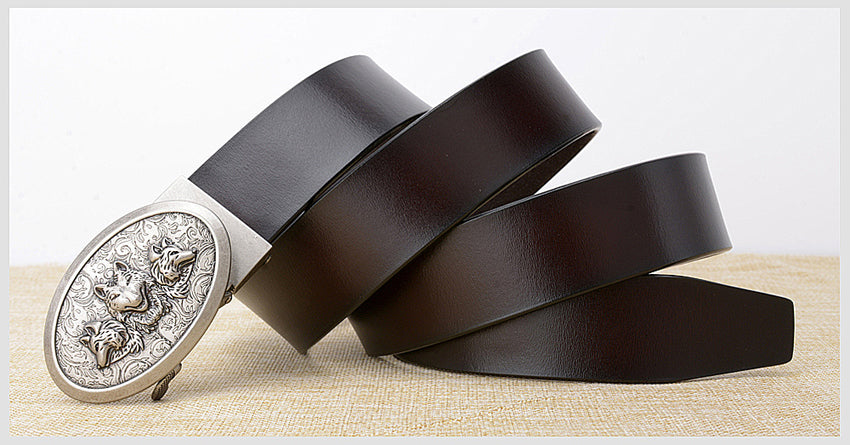 Automatic buckle cowhide leather belt with a textured wolf design buckle, perfect for stylish outings and themed events.