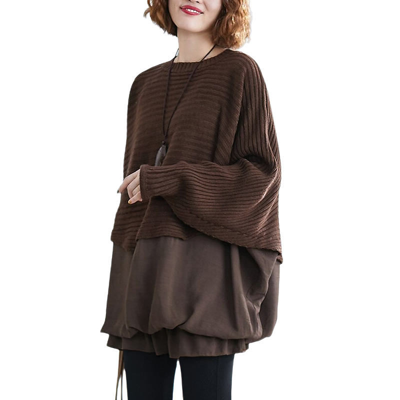 Autumn and Winter Women's Bat Sleeve Stitching / Chiffon Ruffled Sweater / Black Knitted Pullover - HARD'N'HEAVY