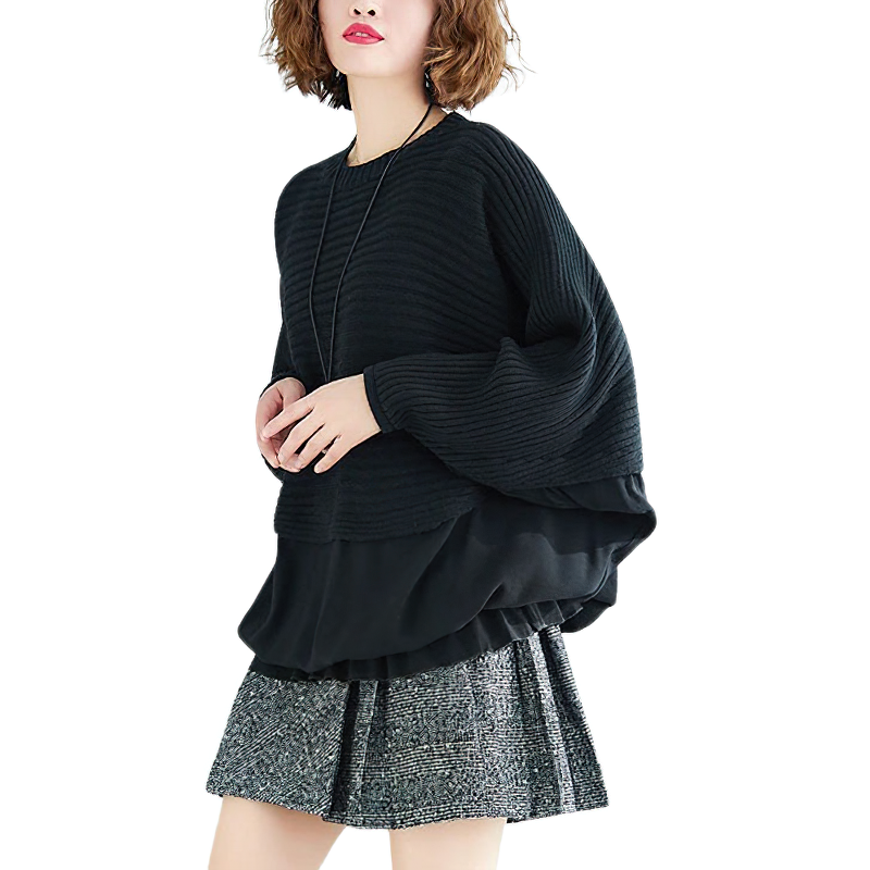 Autumn and Winter Women's Bat Sleeve Stitching / Chiffon Ruffled Sweater / Black Knitted Pullover - HARD'N'HEAVY
