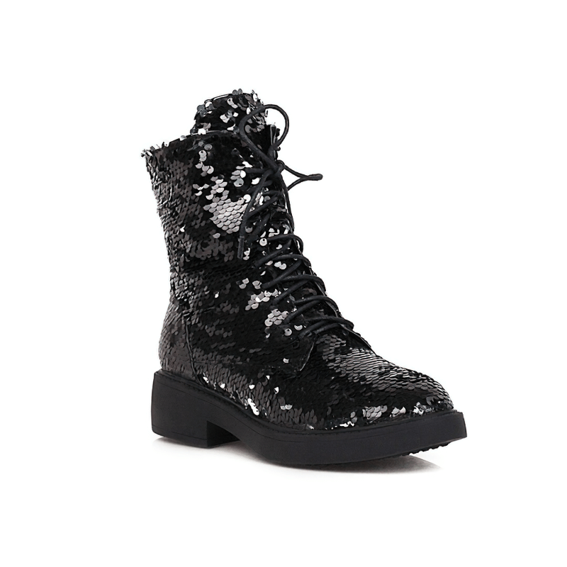 Stylish women's black PU leather ankle boots with sequins and laces for a fashionable look.