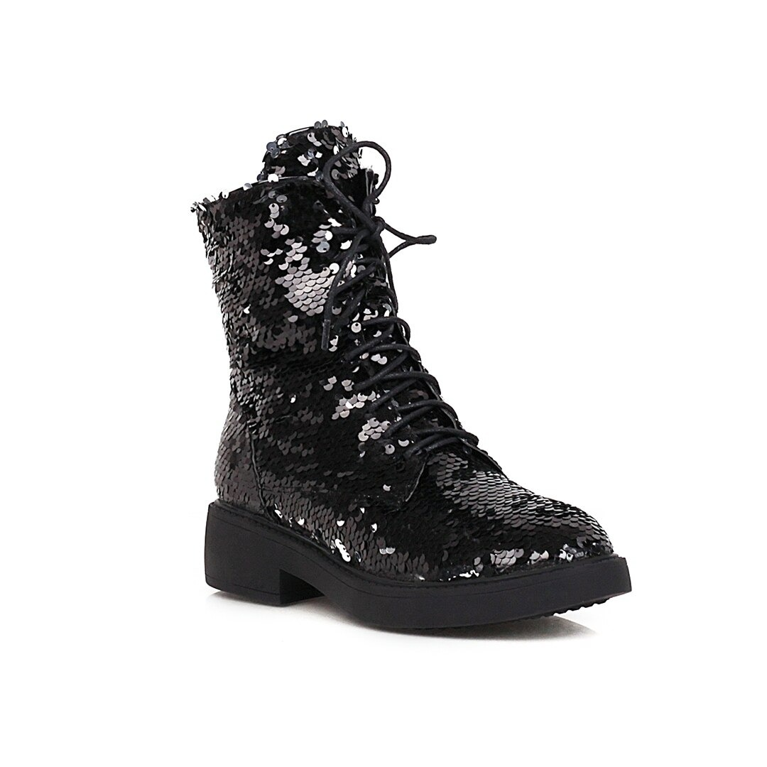 Stylish black women's PU leather ankle boots covered in shiny sequins for a fashionable autumn and winter look.