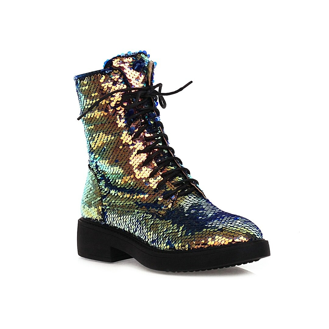 Stylish women's sequined ankle boots in vibrant colors, made of PU leather with comfortable laces, perfect for autumn and winter fashion.
