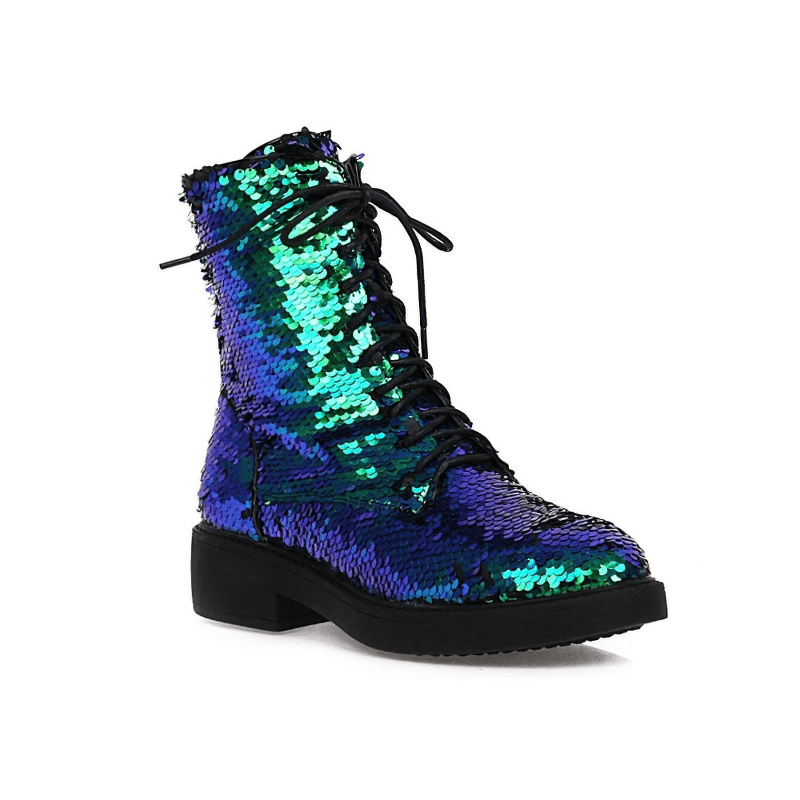 Women's sequin ankle boots in vibrant blue and green, made of PU leather with laces for stylish comfort.