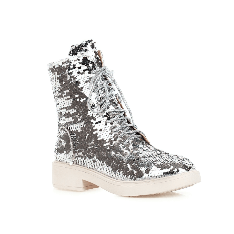 Stylish women's sequins ankle boots in silver PU leather with laces, perfect for autumn and winter fashion.