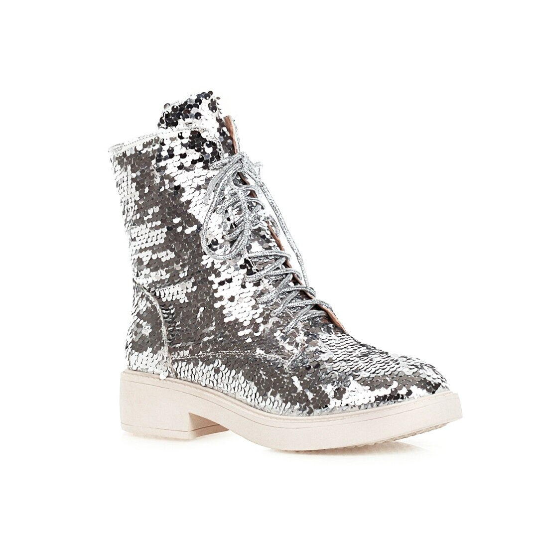 Stylish women's PU leather ankle boots with silver sequins and laces, perfect for autumn and winter fashion.