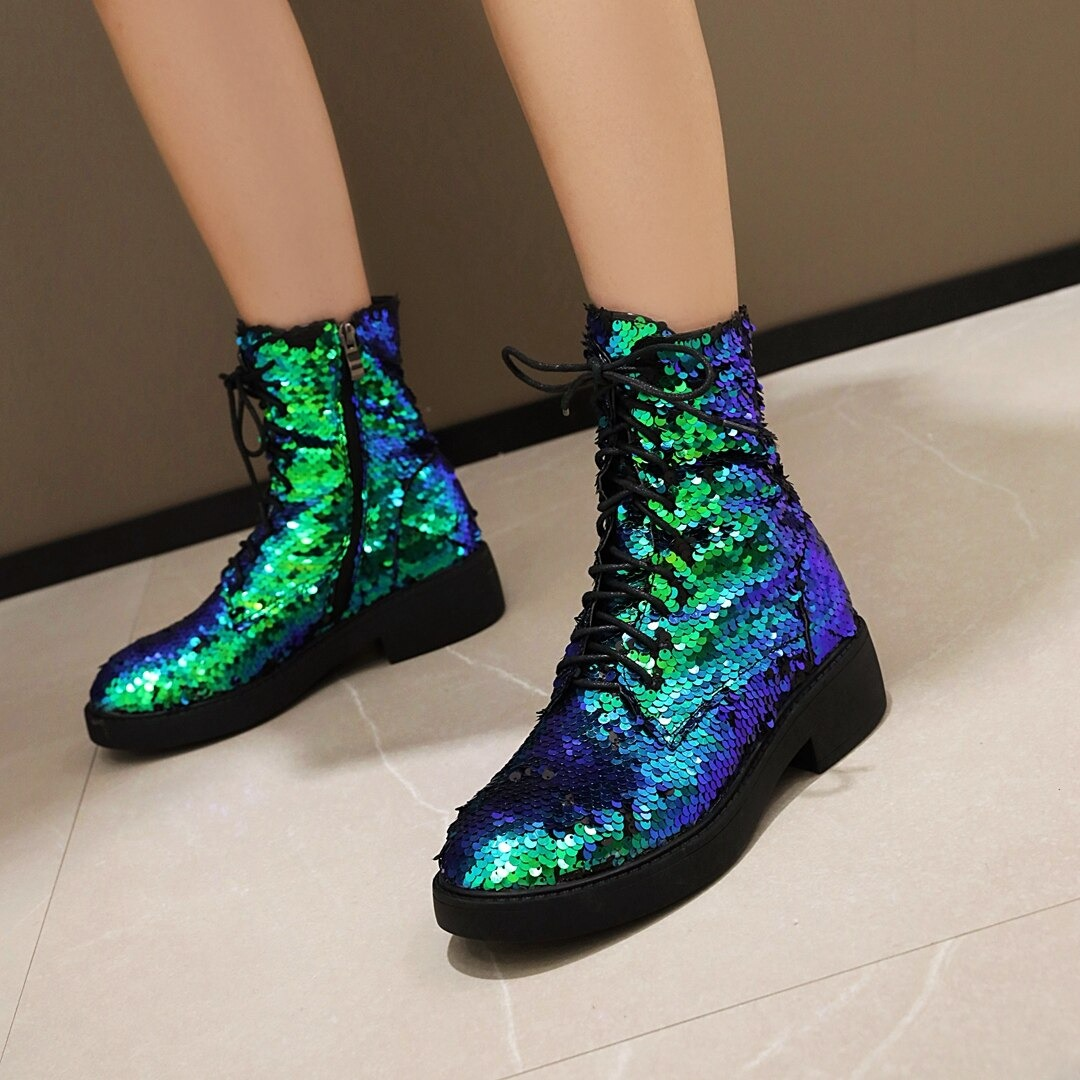 Autumn and Winter Women's PU Leather Boots / Ladies Sequins Ankle Boots - HARD'N'HEAVY