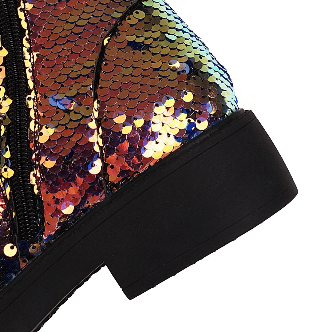 Shiny sequined ankle boot showcasing vibrant colors and stylish design perfect for autumn and winter wear.