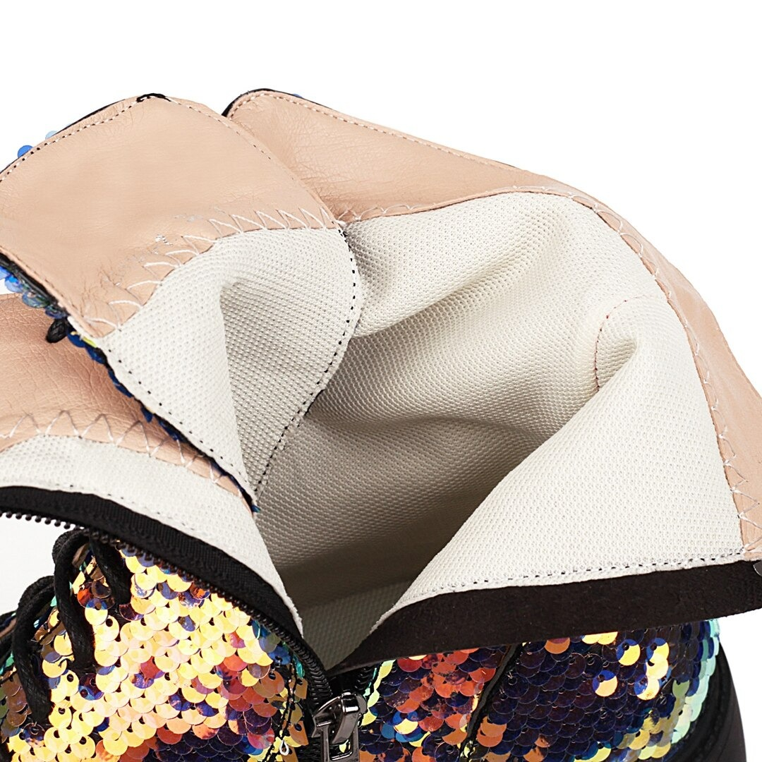 Inside view of colorful sequined ankle boots showcasing premium PU leather and spacious design.