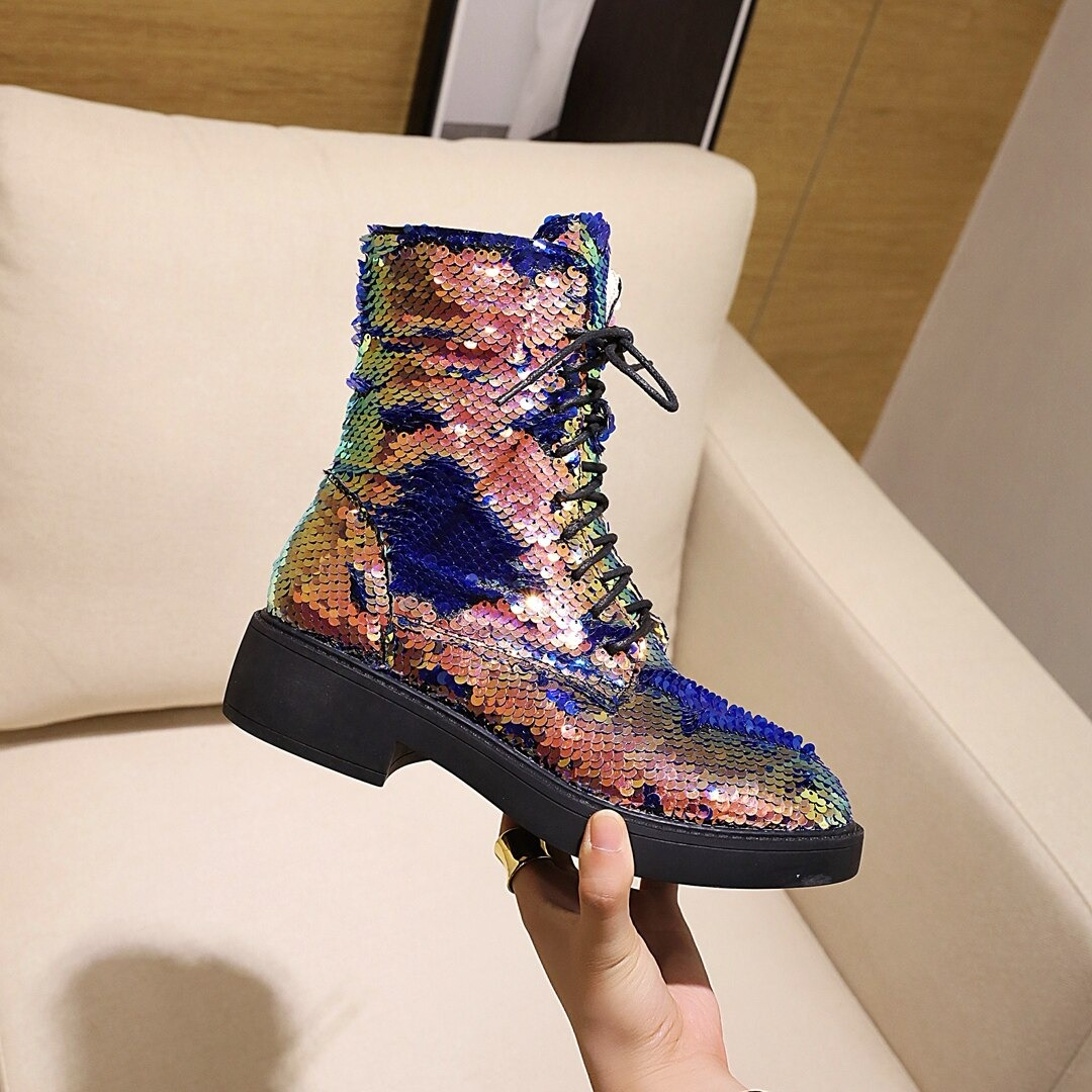 Women's colorful sequins ankle boots, stylish PU leather with laces, perfect for autumn and winter fashion.