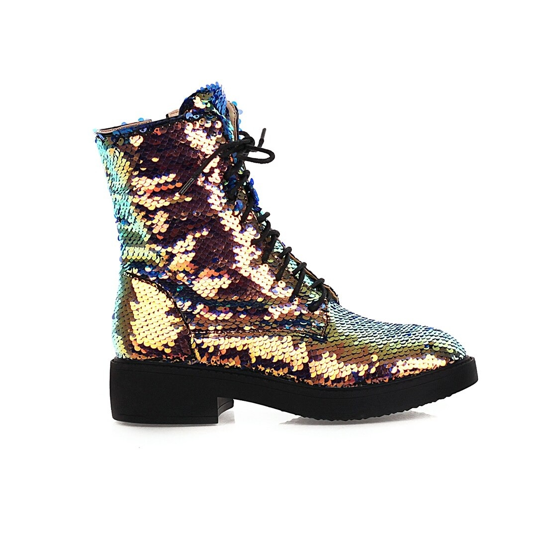 Colorful sequined ankle boots for women, crafted from PU leather for a stylish autumn and winter look.