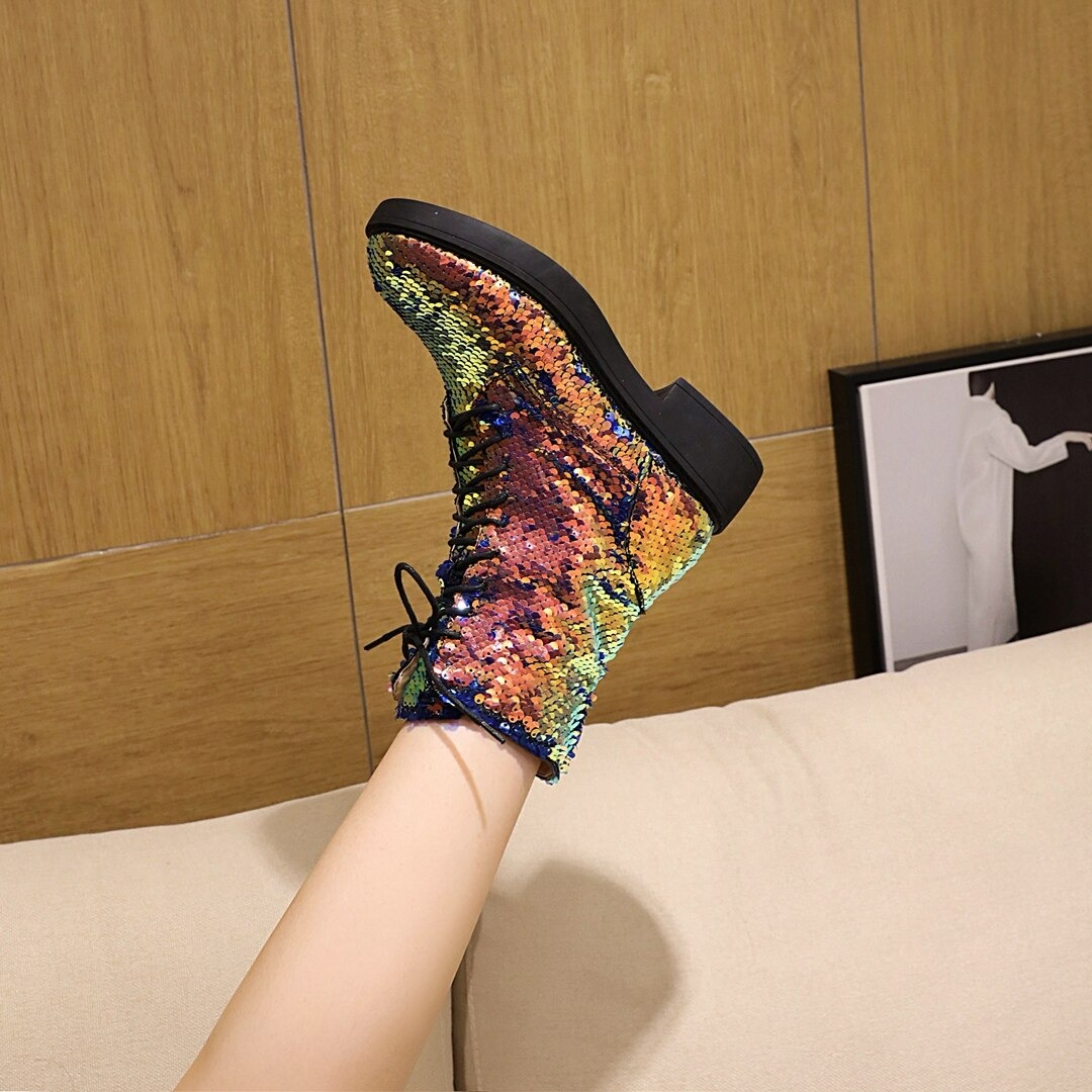 Colorful women's sequined PU leather ankle boots with laces, perfect for autumn and winter fashion.