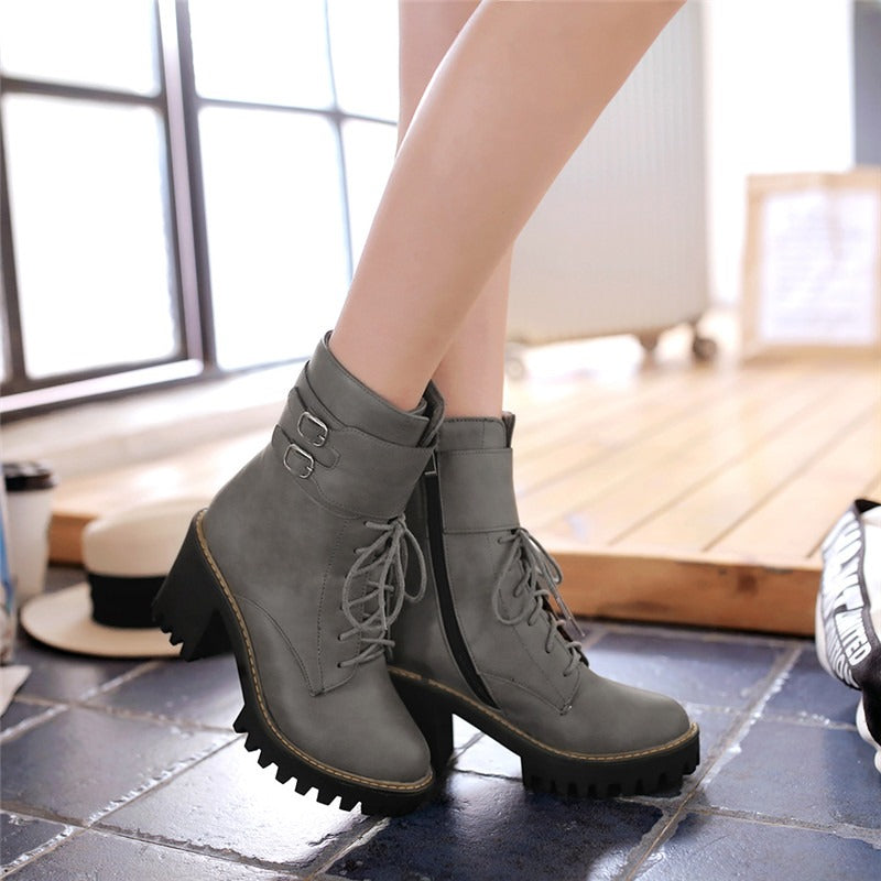 Autumn-Winter Motorcycle Women's Boots / Platform Lace-up Ankle Shoes / High Heels Boots With Buckle - HARD'N'HEAVY