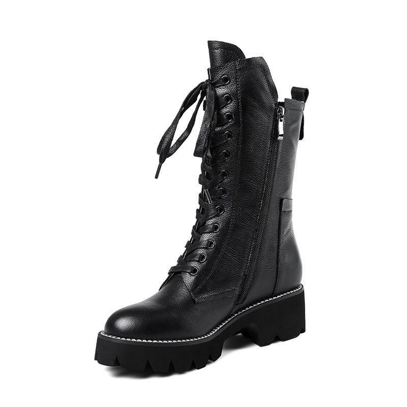 Autumn/Winter Womens Boots / Zip Cross Tied Mid Calf Boots / Square Heel Genuine Leather Boots - HARD'N'HEAVY