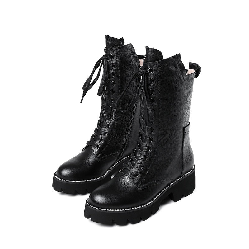 Autumn/Winter Womens Boots / Zip Cross Tied Mid Calf Boots / Square Heel Genuine Leather Boots - HARD'N'HEAVY