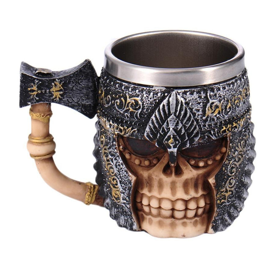 Gothic skull beer mug with axe handle, resin and stainless steel, perfect for Viking-themed drinks.