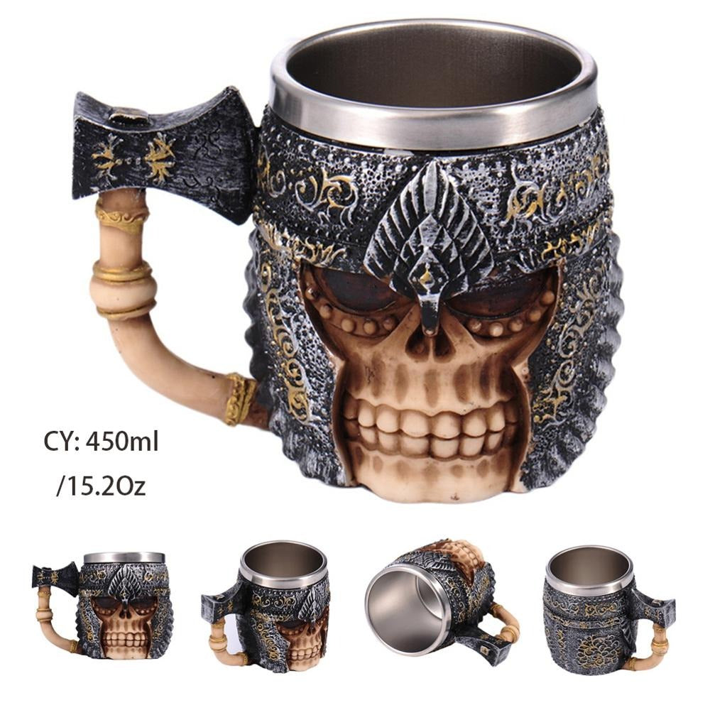 Axe Knight 450ml resin and stainless steel mug with skull design, perfect for Viking-themed bars.