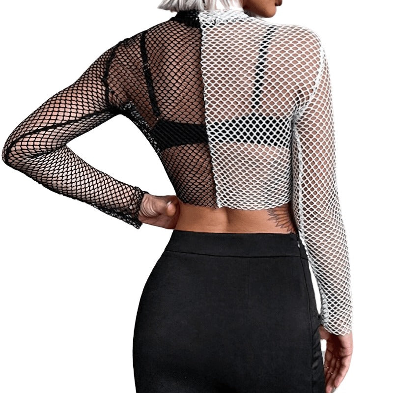 Sexy Women's Black and White Top / See Through Female Long Sleeves Crop Tops in Grunge Style