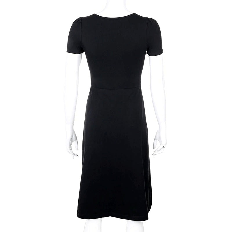 Back view of a stylish women's square neck black dress with short sleeves and elegant side split.