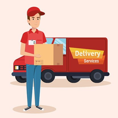 Animated delivery person holding a package in front of a delivery services truck.