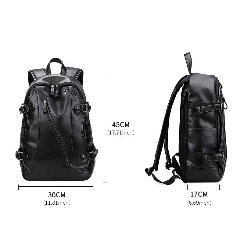 Rock style backpack dimensions: 45cm x 30cm x 17cm, featuring an external USB charger and sleek design.