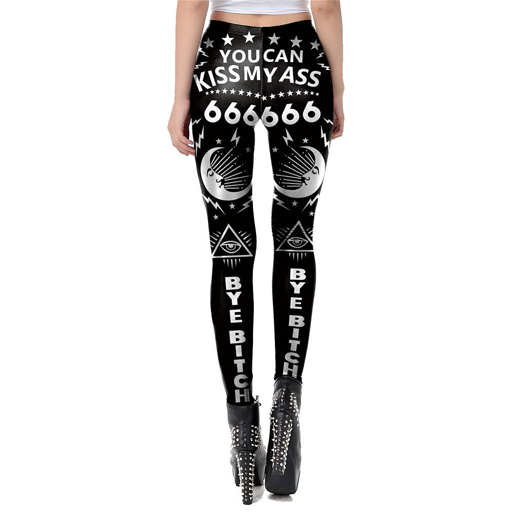 Women’s black and white leggings featuring gothic symbols and phrases, perfect for Halloween or cosplay events.