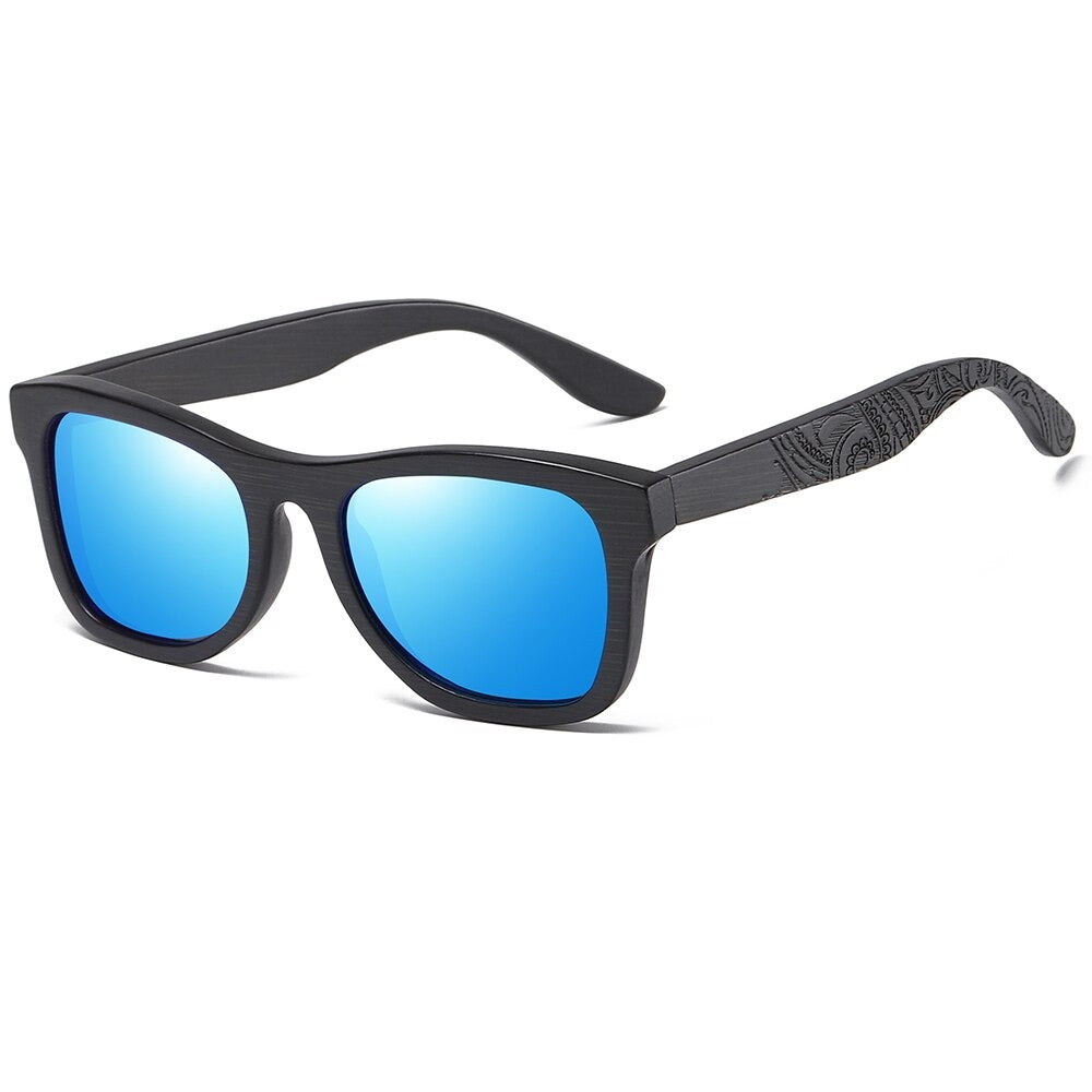 Stylish bamboo polarized sunglasses with blue lenses for men and women, perfect for casual fashion and long-lasting wear.