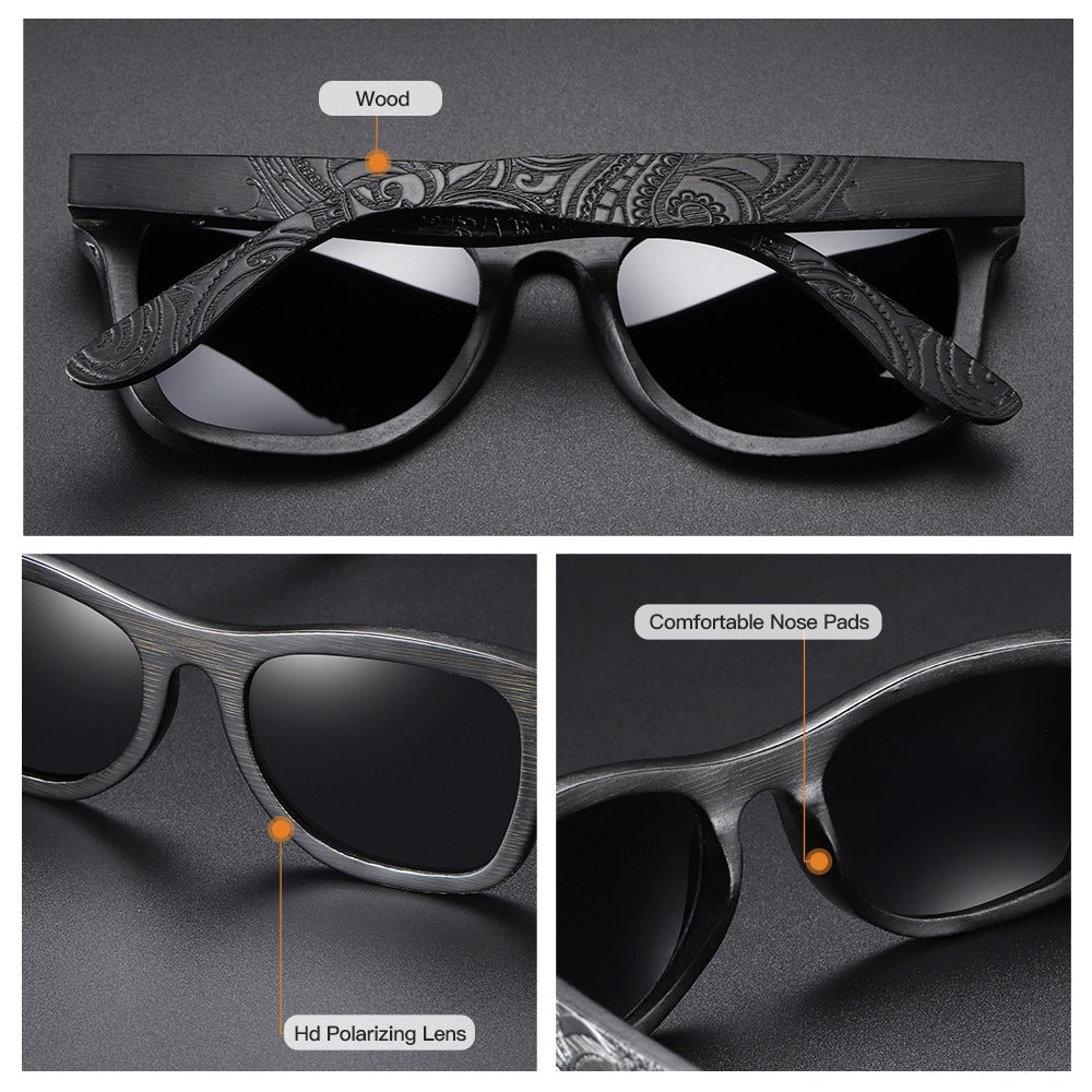 Bamboo unisex polarized sunglasses showcasing wooden frame, anti-reflective HD lenses, and comfortable nose pads.