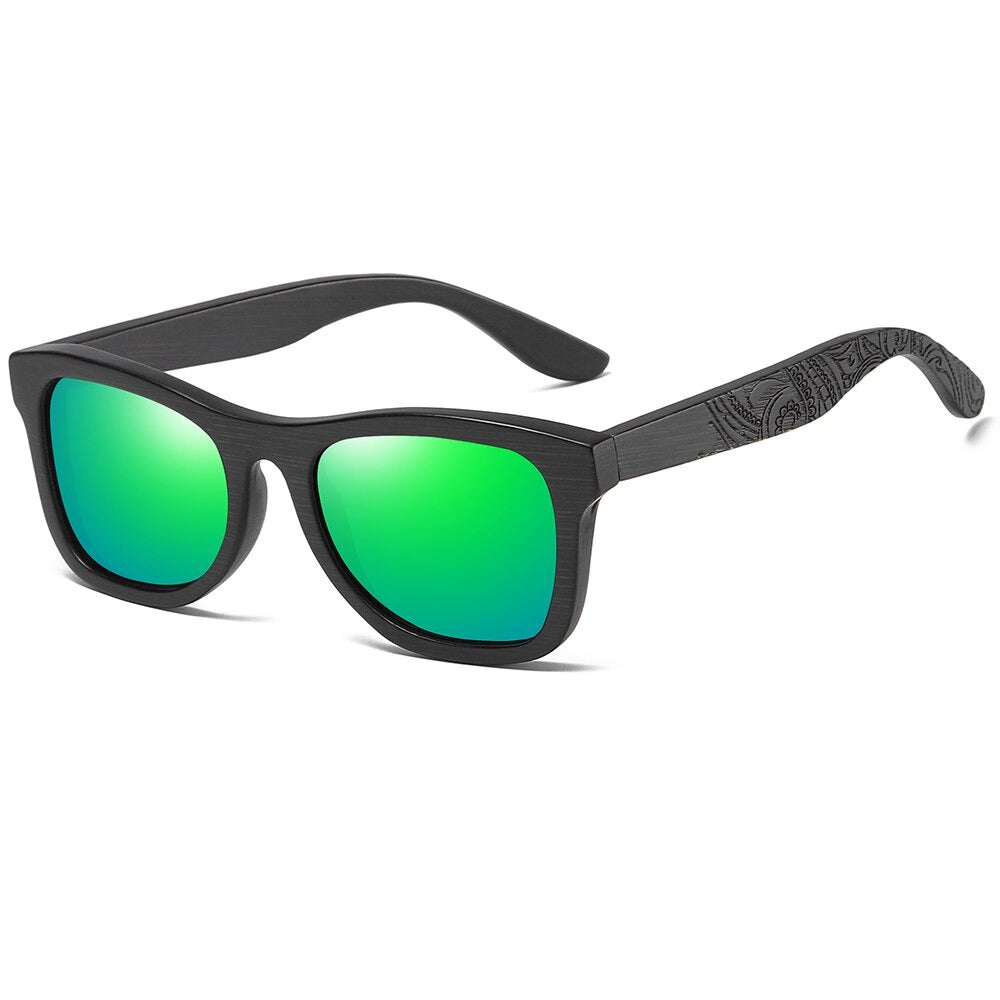Bamboo unisex polarized sunglasses with green mirrored lenses and intricate wooden frame design.