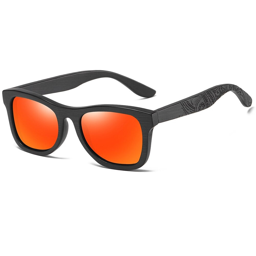 Bamboo unisex polarized sunglasses with orange lenses and stylish wooden frame for ultimate casual fashion.