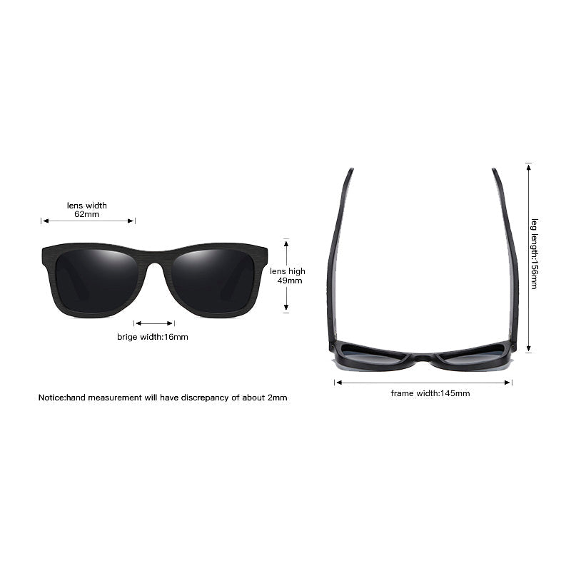 Dimensions of bamboo polarized sunglasses showing lens width, bridge width, and frame width.