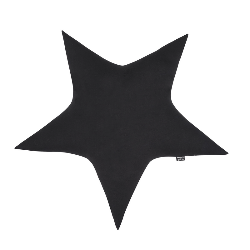 Black pentagram cushion in gothic style, star-shaped pillow with faux leather trim for unique home decor.