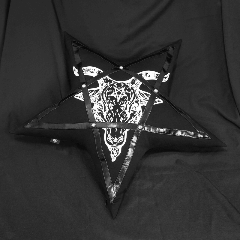 Gothic style black pentagram cushion with goat print and faux leather trim, perfect for unique home decor.