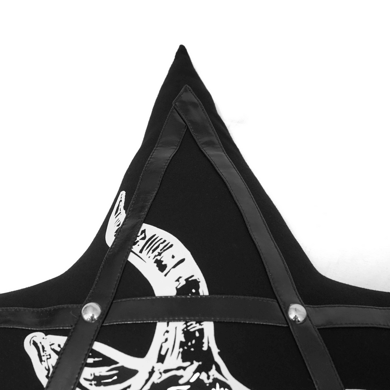 Close-up of a black pentagram cushion with faux leather trim and goat print, adding Gothic style decor.