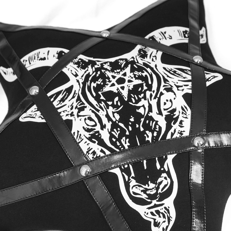 Black pentagram cushion featuring goat print and faux leather straps, perfect for gothic home decor.