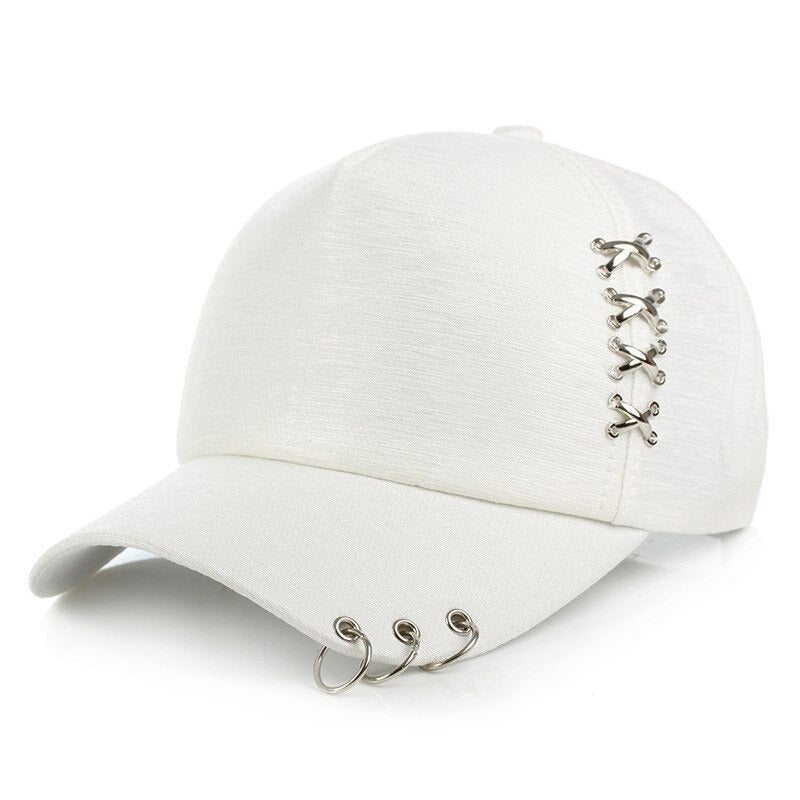 Unisex rave hoop baseball cap in white, featuring unique ring design and breathable fabric for stylish comfort.