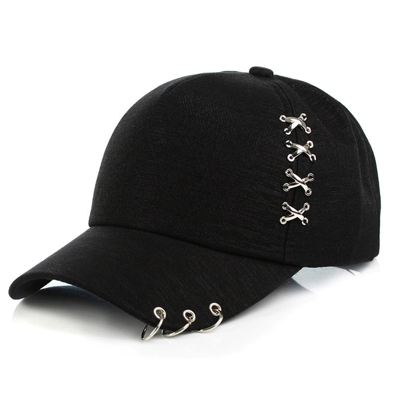 Unisex black baseball cap featuring unique rings, perfect for rave outfits and alternative fashion.