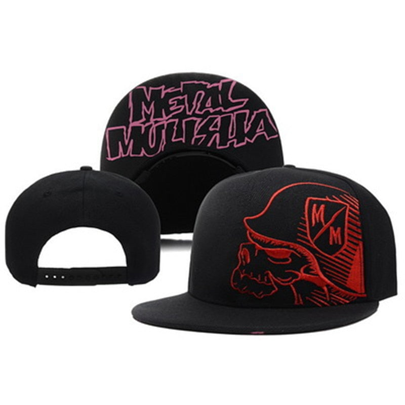 Baseball cap with skull embroidery and Metal Mulisha logo, stylish outdoor sun hat with snapback design.