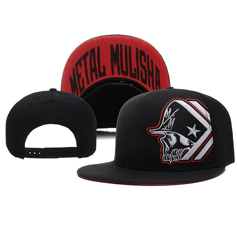 Baseball cap with skull embroidery and 'METAL MULISHA' design, perfect for alternative fashion and outdoor style.