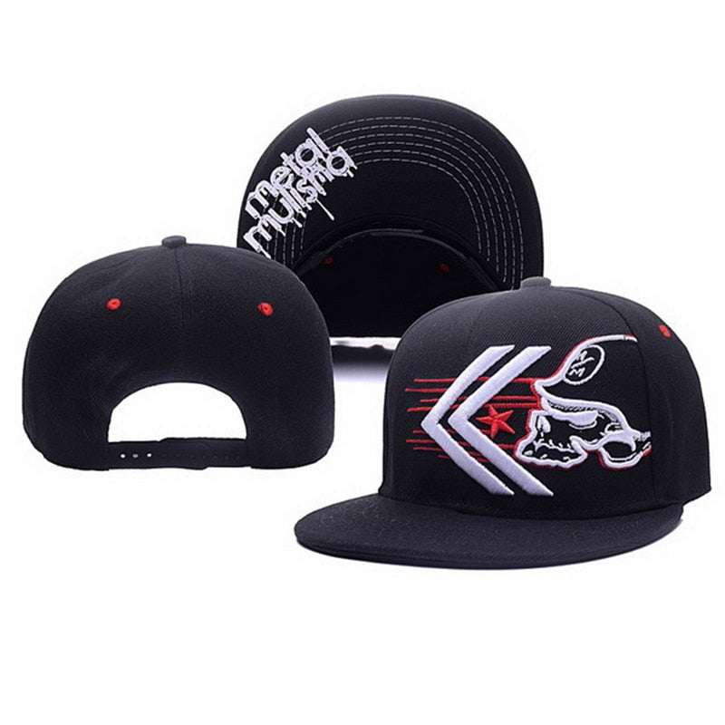Stylish black baseball cap with skull embroidery and flat brim, perfect for alternative fashion and outdoor adventures.