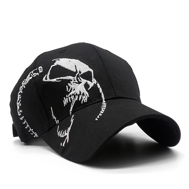 Black skull baseball cap for rave outfits, stylish and comfortable men's rock n roll accessory.
