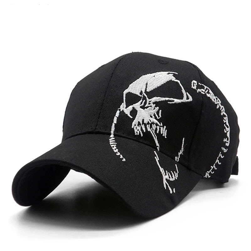 Black baseball cap featuring a stylish skull design, perfect for rave outfits and rock fashion.
