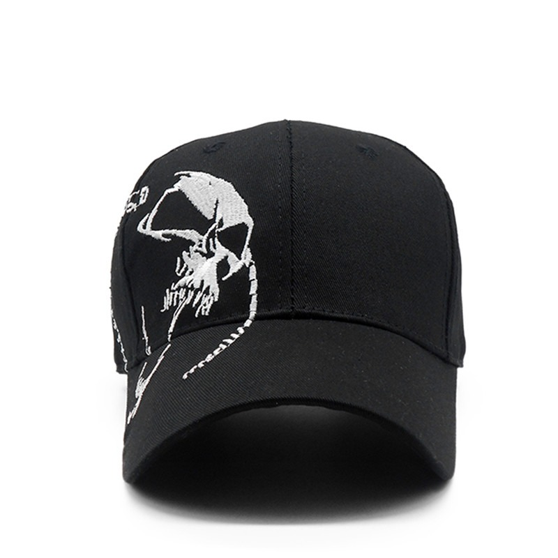 Stylish black baseball cap with a unique skull design, perfect for rave outfits and rock-inspired fashion.