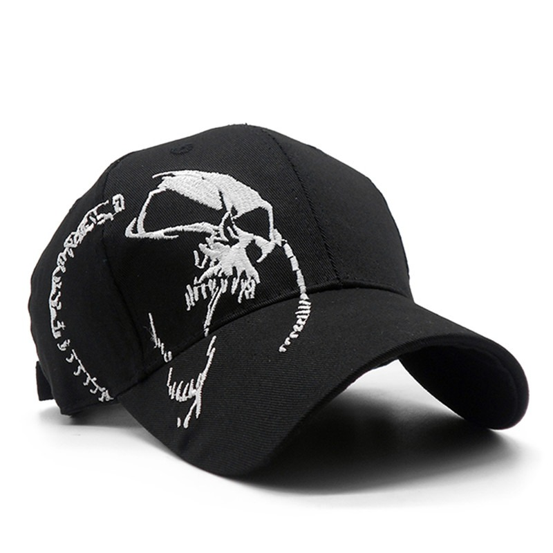 Black baseball cap featuring a unique skull design, perfect for rave outfits and rock style.