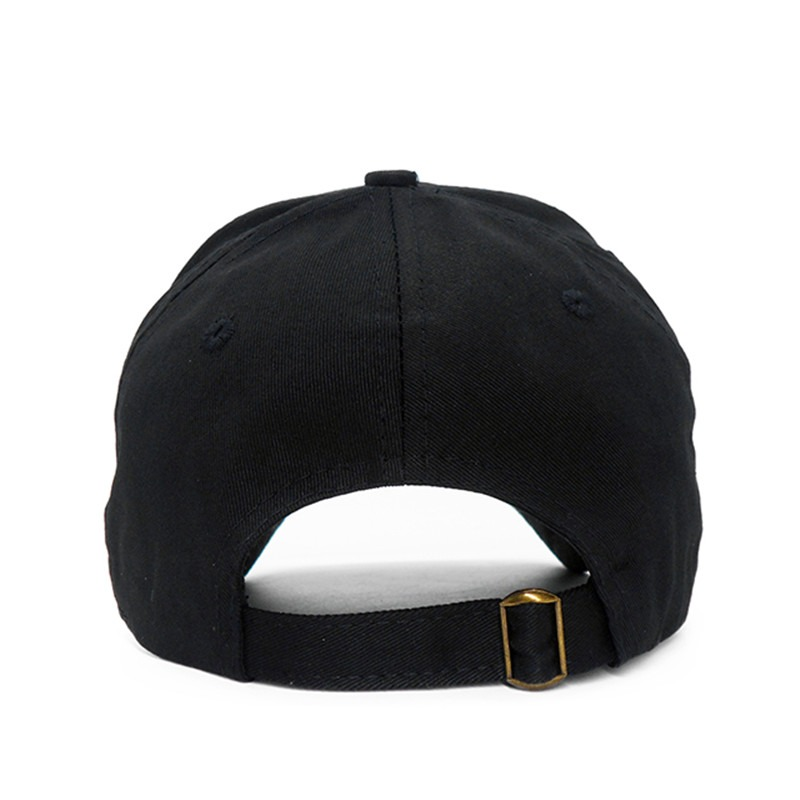 Back view of a black baseball cap with adjustable strap, perfect for raves and rock outfits.