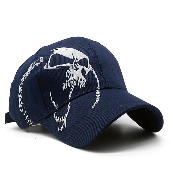 Men's navy baseball cap with a skull design, perfect for rave outfits and rock looks.
