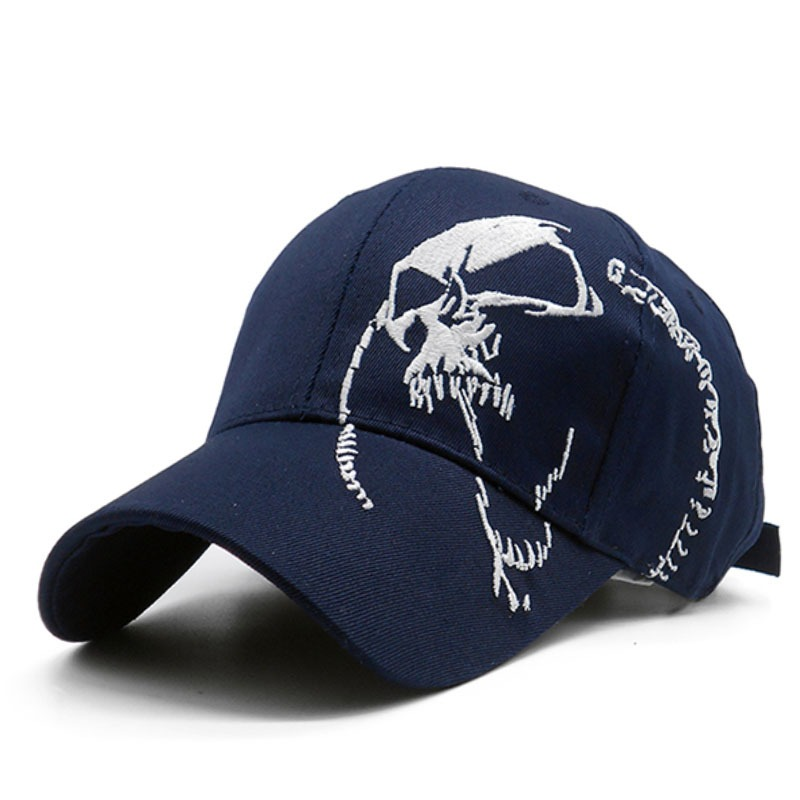 Navy blue baseball cap featuring a unique skull design, perfect for rave outfits and rock-inspired looks.