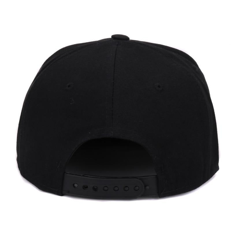 Back view of a black baseball cap showing adjustable snapback closure for customizable fit.